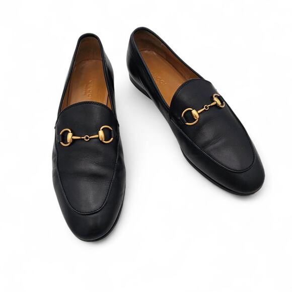 Gucci Jordaan Horsebit Slip On Flat Loafer Black Leather Gold Size 37 US 7 - Picture 1 of 12